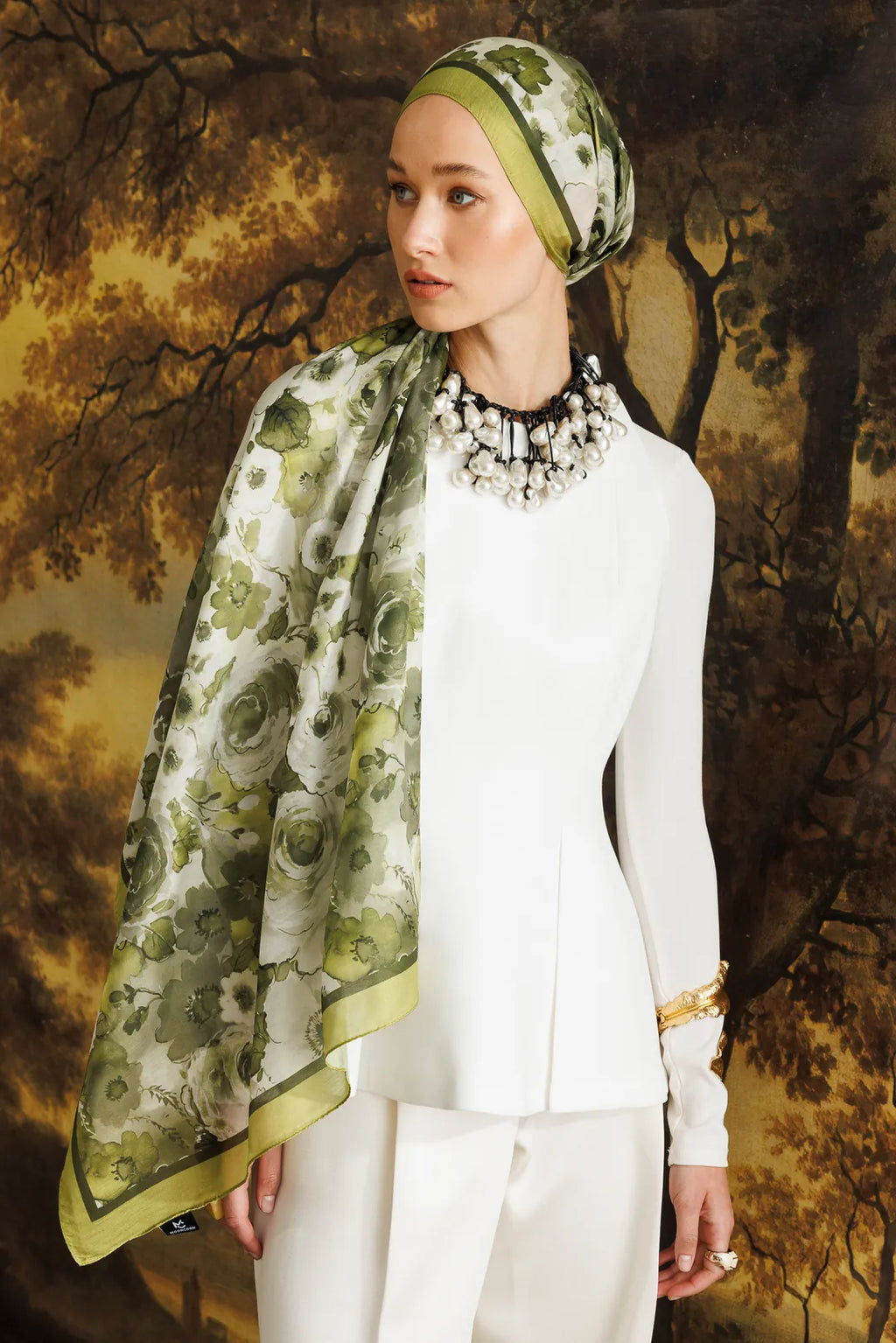 Yeşil Vensel Desenli Pamukj Şal