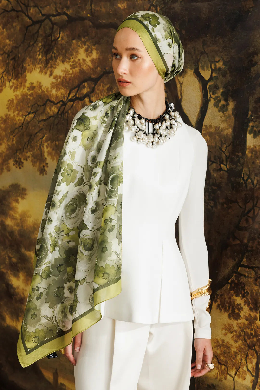 Yeşil Vensel Desenli Pamukj Şal