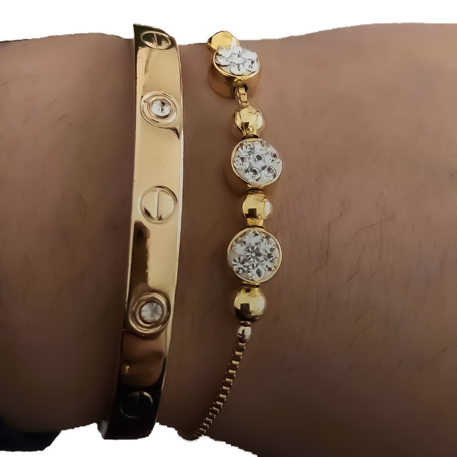 Altın Renk Pirinç Bileklik & Cartier Taşlı Bileklik 2'li Kombin